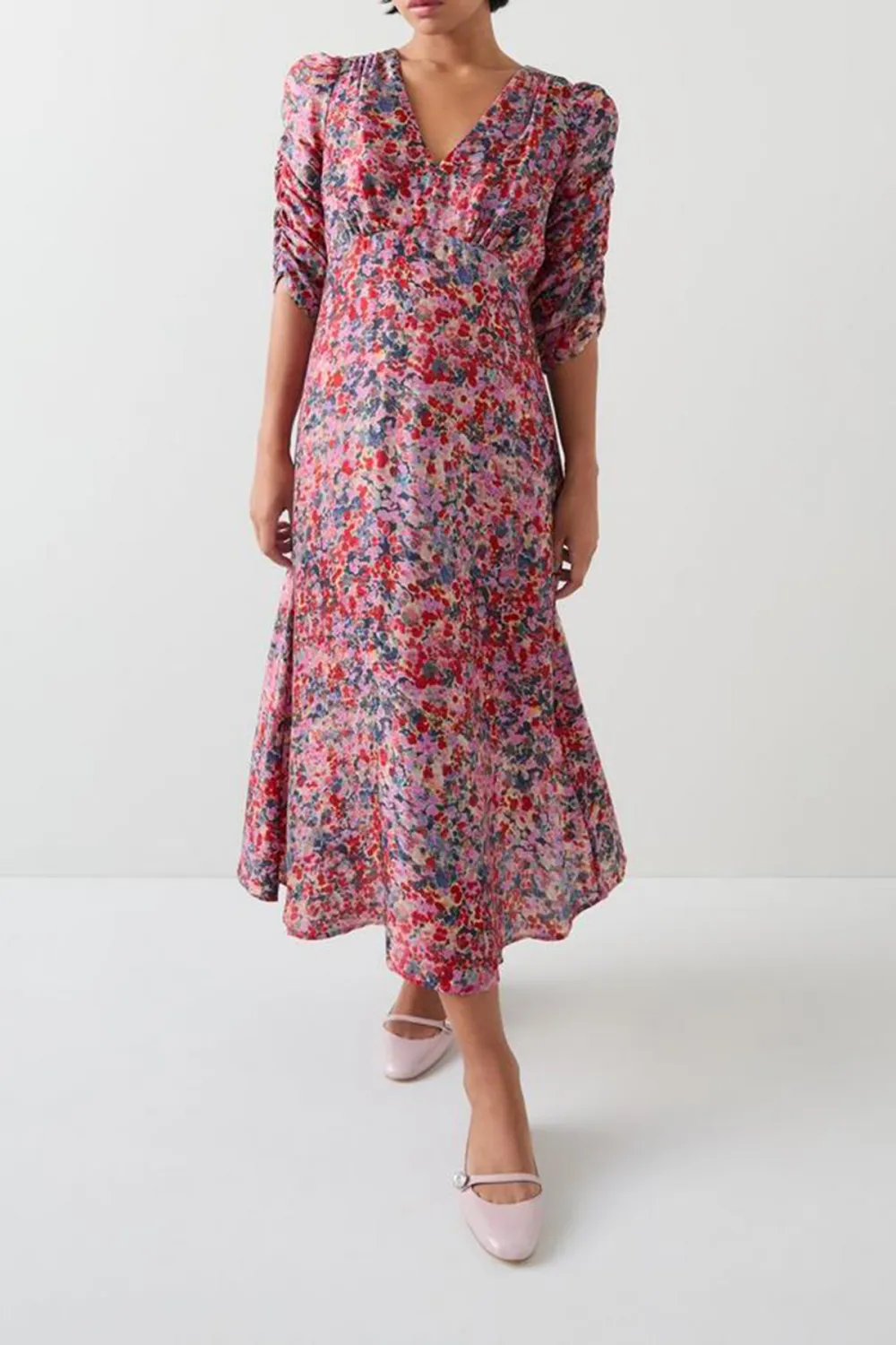 Pink Floral Print V Neck Midi Dress