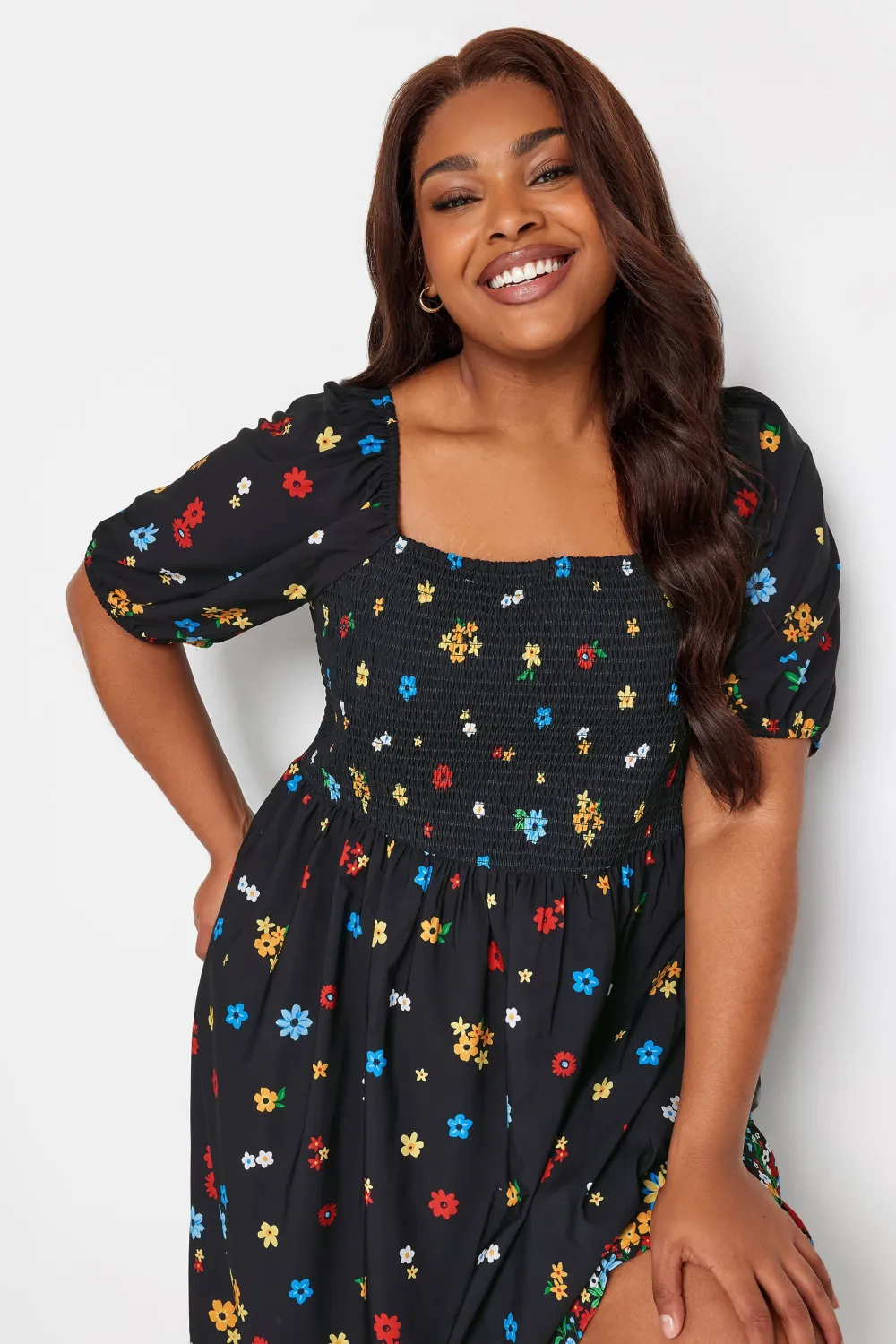 YOURS Curve Black Floral Print Shirred Midi Dress