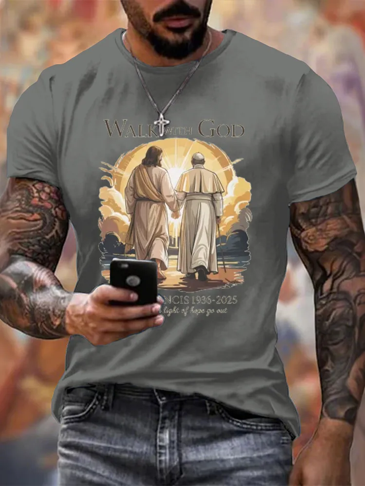 Men's Walk With God Print Short Sleeve Round Neck Cotton T-Shirt