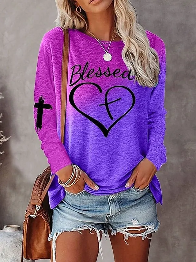 Women's Plus Size T shirt Tee Pink Purple Orange Color Block Heart Text Print Long Sleeve Casual Weekend Daily Basic Round Neck Regular Fit Painting Fall & Winter
