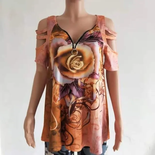 Women Tops T-Shirt Hollow-Out Shoulder Short Sleeve Casual Blouse Shirts Flower Print V-Neck Zipper Shirt