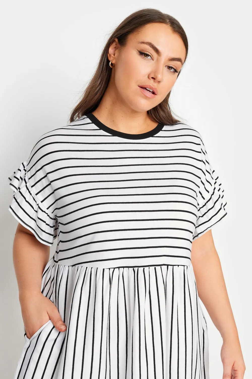 YOURS Curve Black & White Stripe Frill Sleeve Smock Tunic Dress