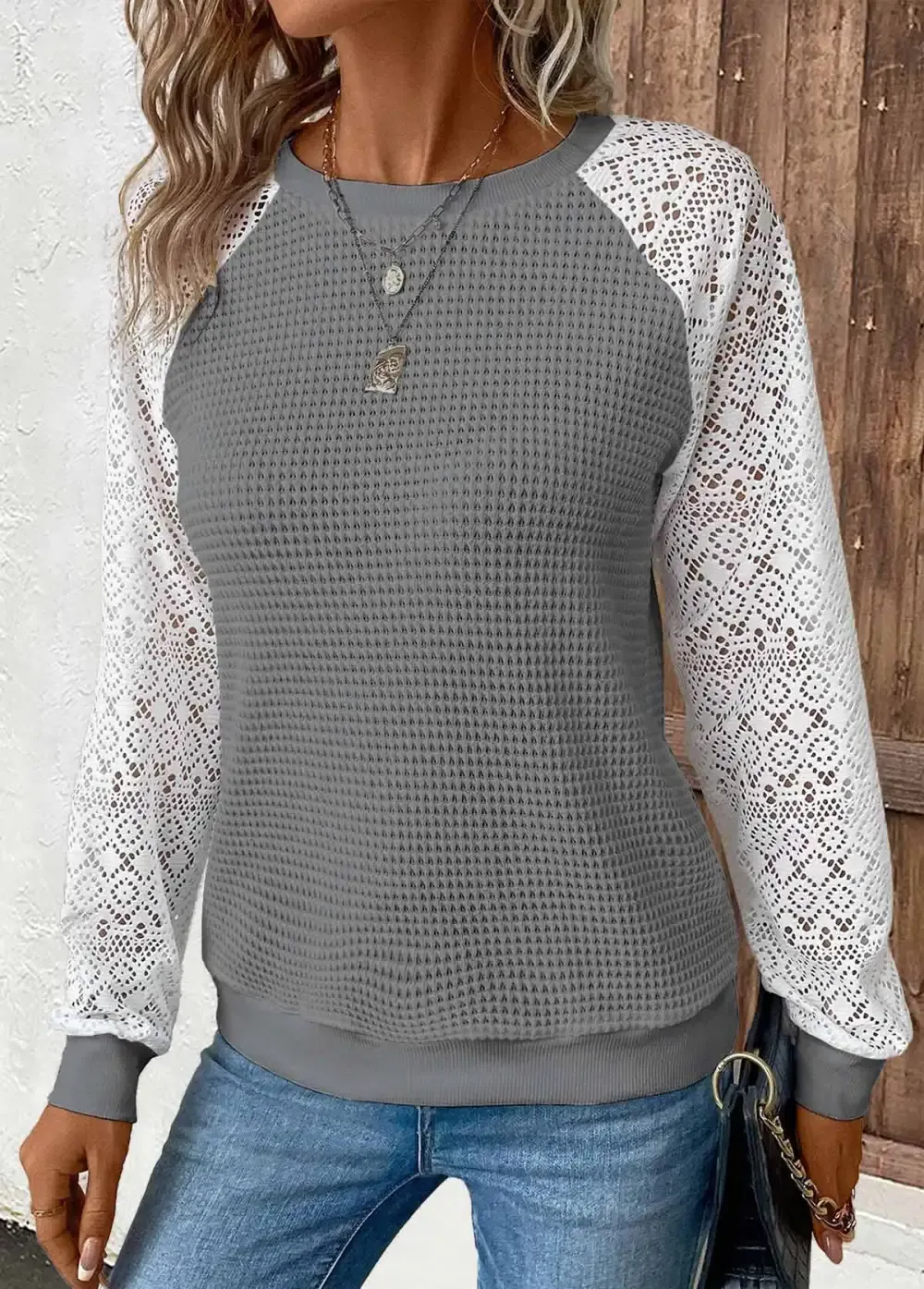 Dark Grey Patchwork Long Sleeve Round Neck Sweatshirt