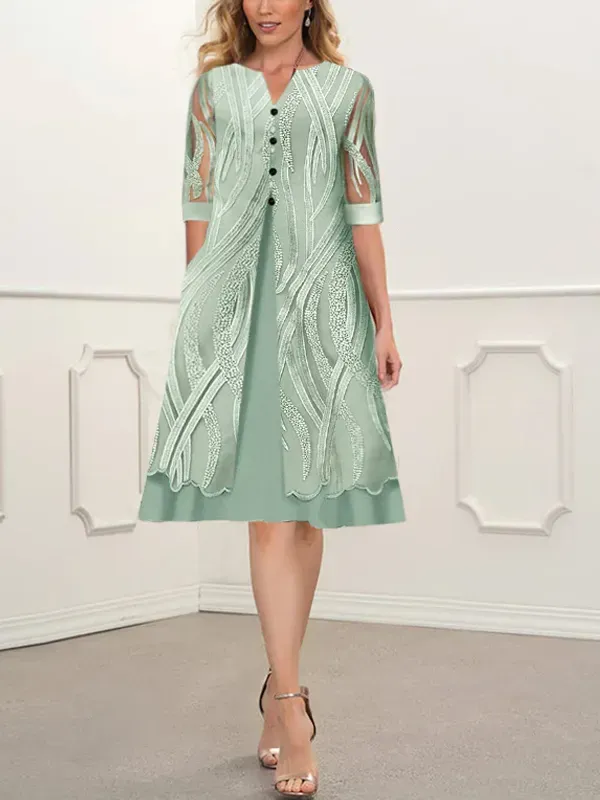 Printed V-Neck Pocket Short Sleeve Dress