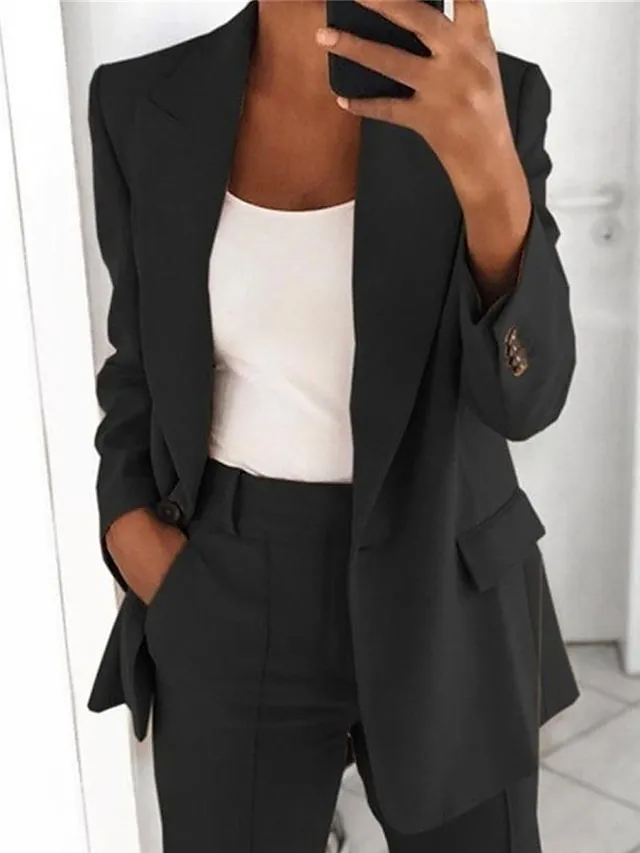 Women's Blazer Single Breasted Lapel Jacket Fall Formal Business Coat with Pockets Outerwear Long Sleeve Fall Black