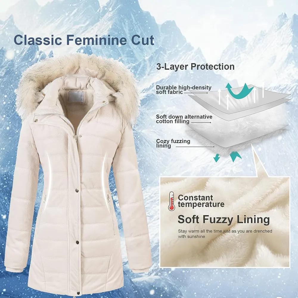 Women's Warm Winter Coat Velvet Puffer Jacket Quilted Faux Fur Hood