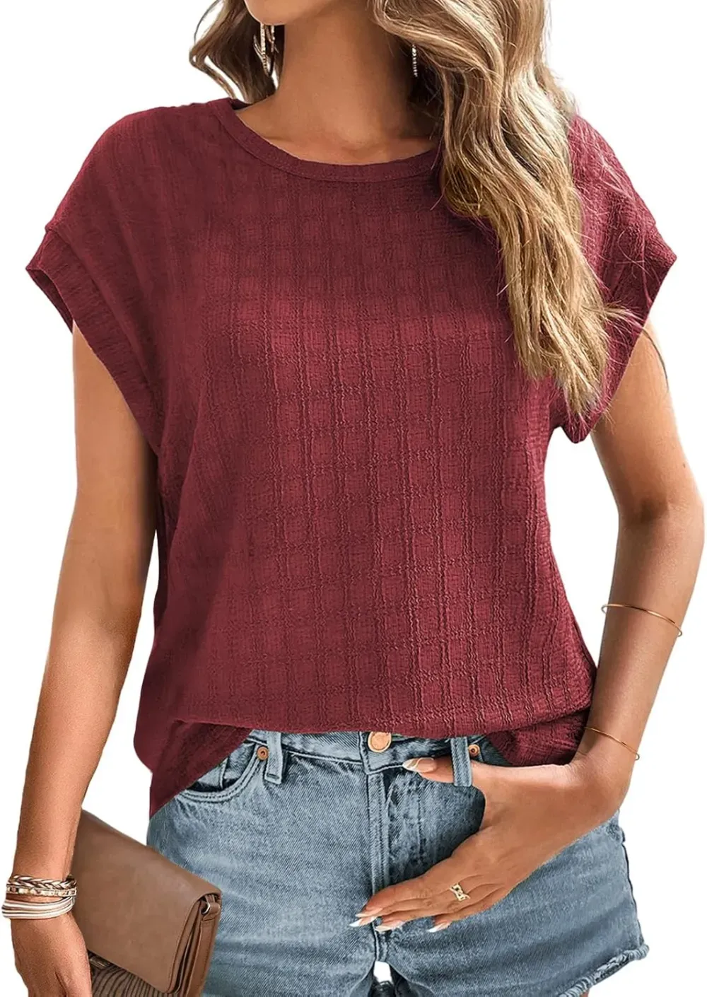 Dokotoo Tops for Women Trendy Summer Casual Cap Short Sleeve Basic Textured Solid Color Round Neck T Shirts Blouse