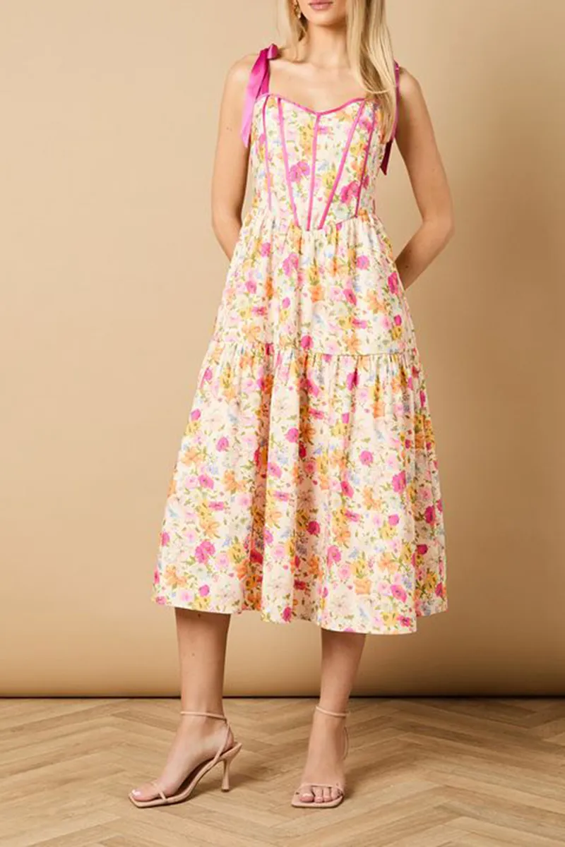Casual Style Corset Detail Bow Tie Strap Dress