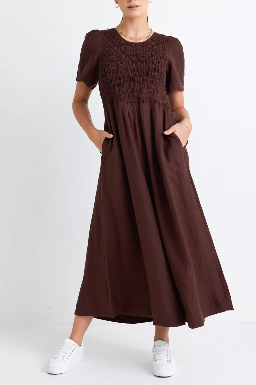 Linen Blend SS Shirred Bodice Midi Dress