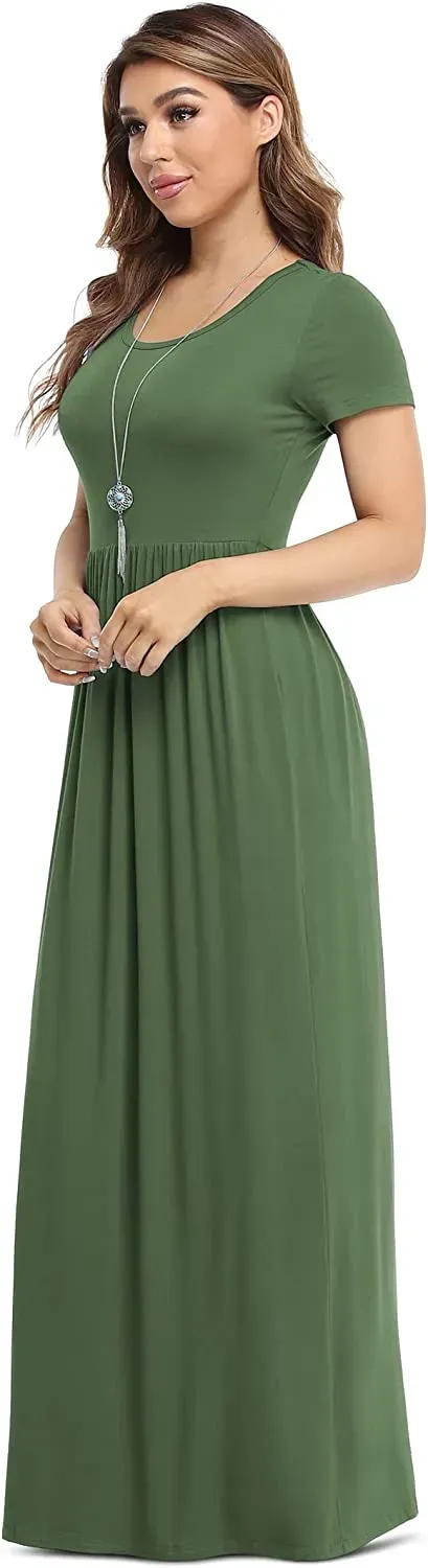 Women's Short Sleeve Loose Plain Maxi Dresses Casual Long Dresses with Pockets