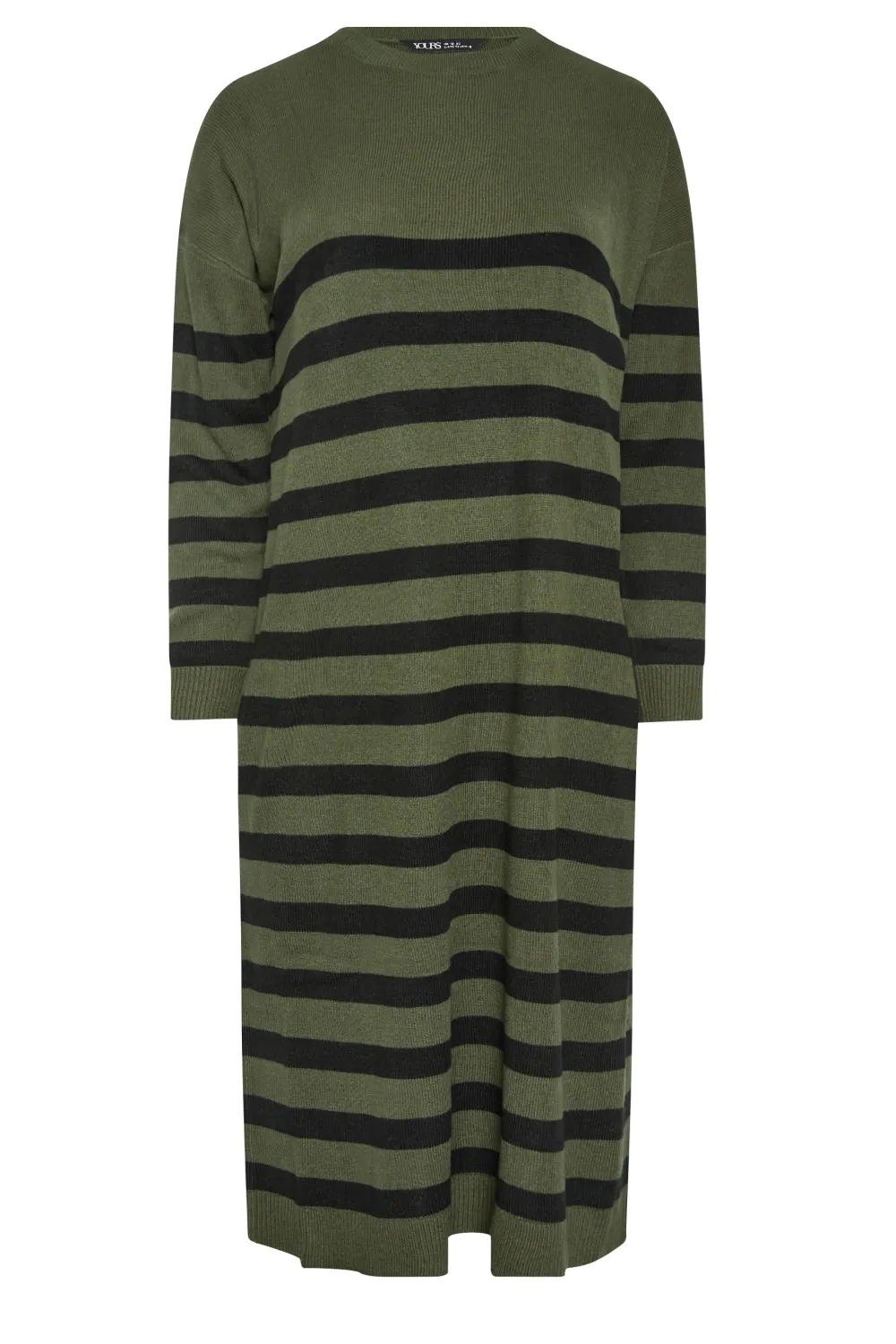 YOURS Curve Khaki Green Stripe Knitted Jumper Dress