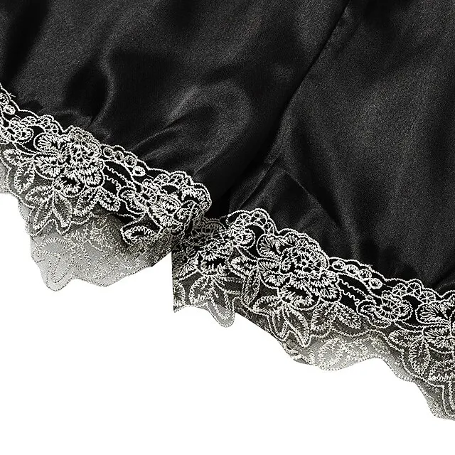 Women's Lingerie Pajama Sets 5 Pieces Satin Floral Lace Cami Top with Robe Nightgown Pants Pink Black Size XXL