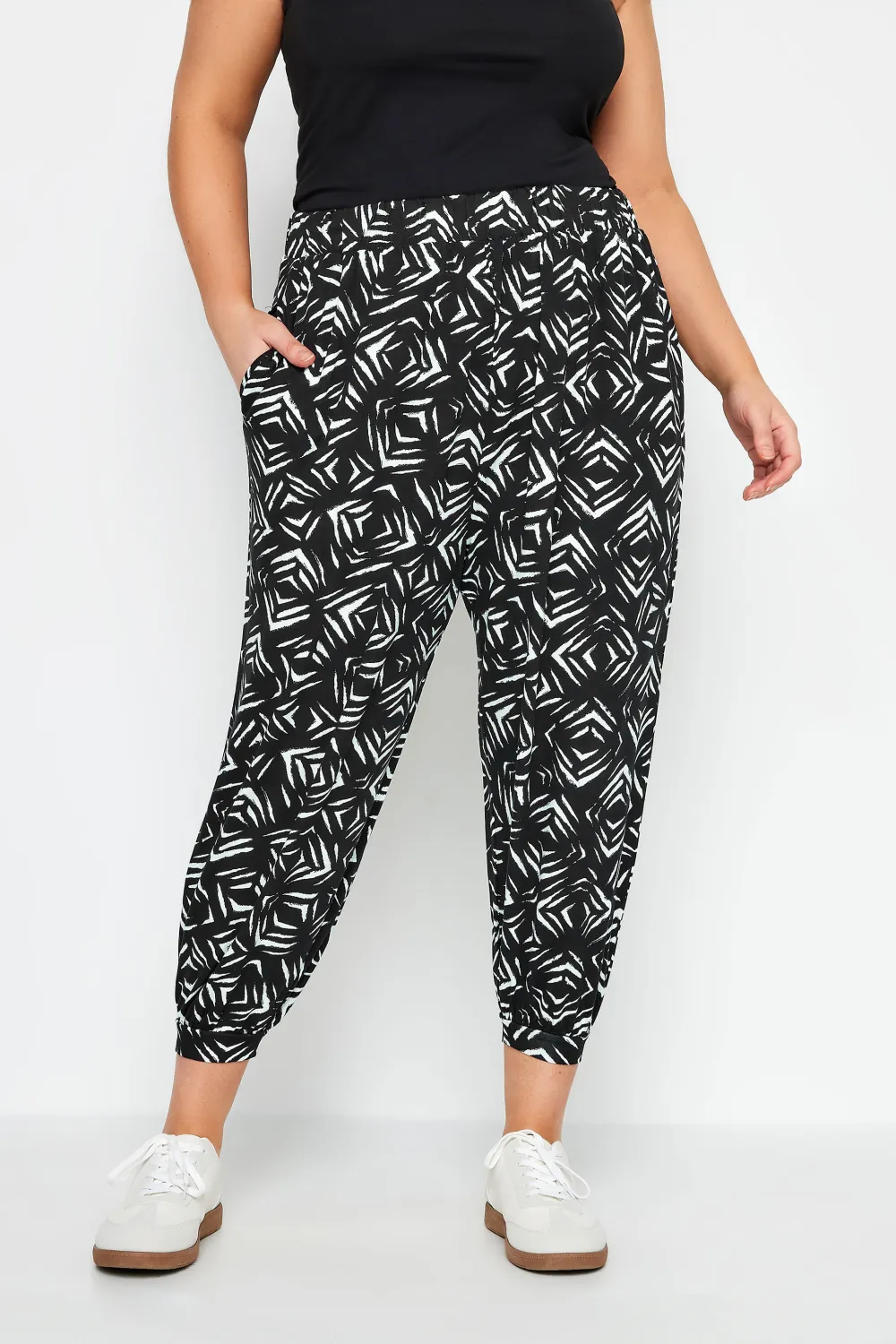 YOURS Curve Beige Brown Leaf Print Cropped Harem Trousers