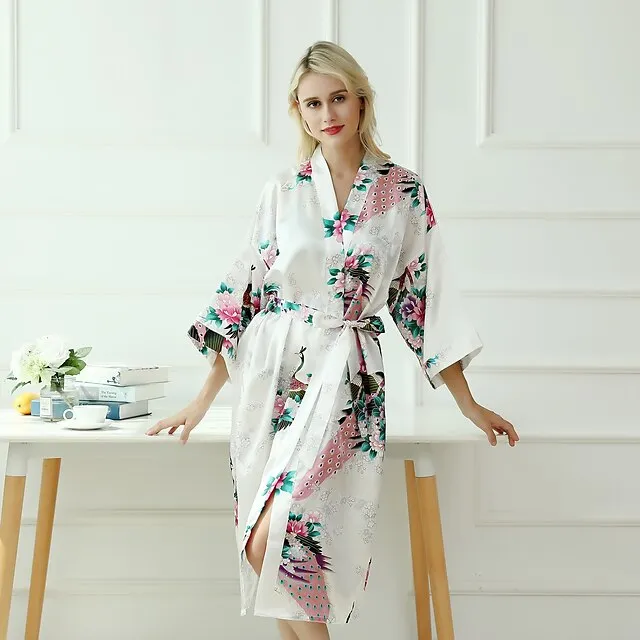 Women's Robes Gown Bathrobes Pure Color Simple Comfort Home Party Wedding Party Spandex Gift Long Sleeve Belt Included Spring Summer Navy Blue