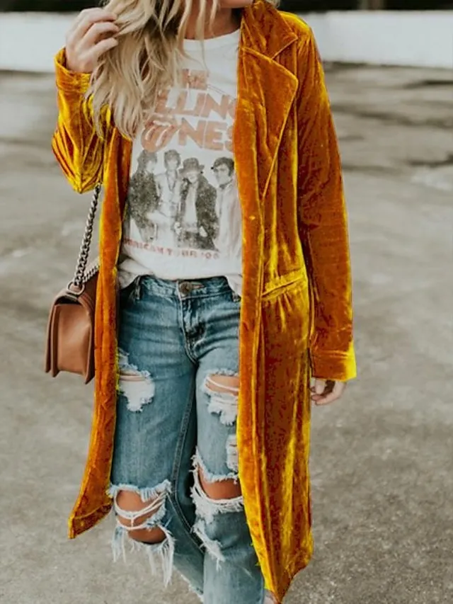 Women's Coat Velvet Casual Jacket Holiday Christmas Valentine's Day Fall Long Coat Windproof Jacket Long Sleeve Solid Color Pocket Black Yellow Grey