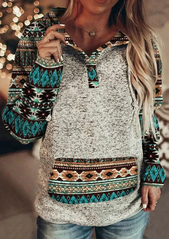 Ethnic Geometric Snap Button Pocket Hoodie - Gray