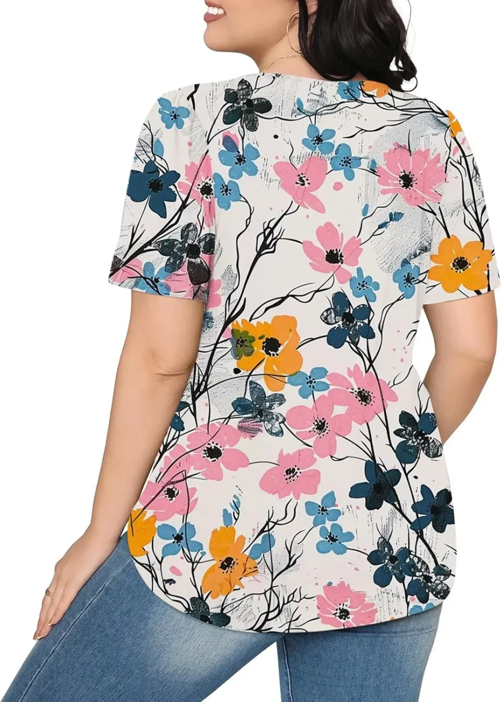 Womens Summer Pleated Front Shirts Tunics Casual Short Sleeved Loose Round Neck Boho Printed Tops Vacation Blouse