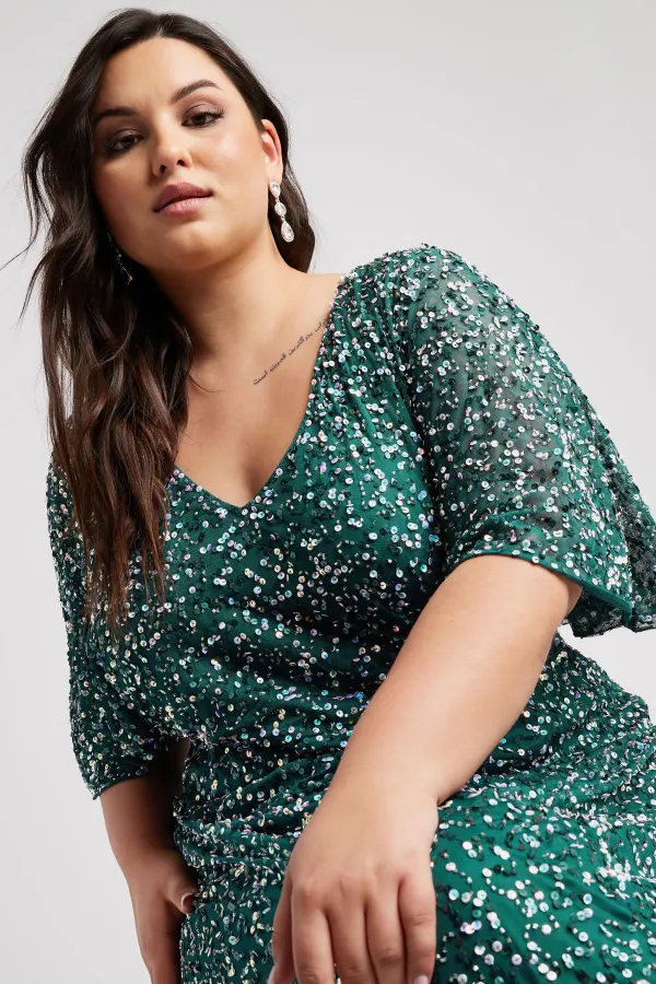 LUXE Curve Green Embellished V-Neck Maxi Dress