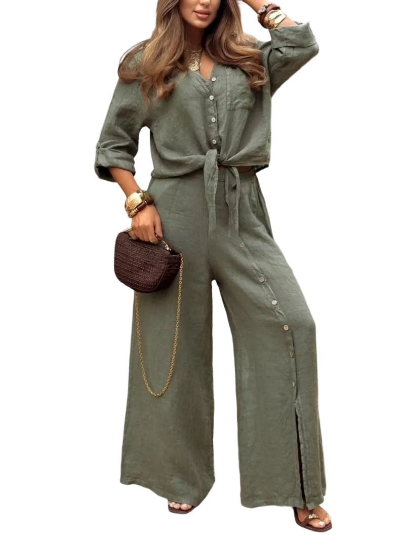 🔥 Women's Loose-Fit Long Sleeve Shirt & Wide Leg Pants Set