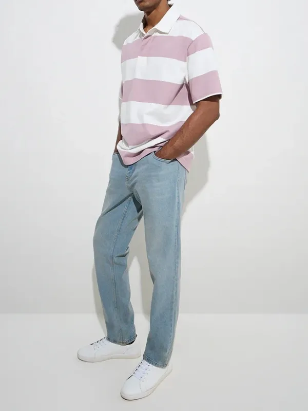 Lilac Striped Loose Cotton-Blend Polo T-Shirt