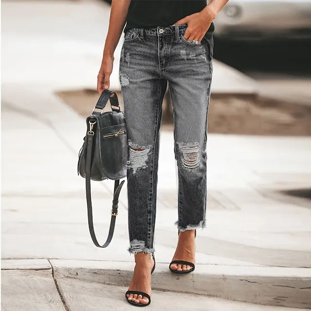 Women‘s Moms Jeans Low Rise Pants Trousers Full Length Mid Waist Basic Trousers Work Daily Black Blue S M Spring, Fall, Winter, Summer