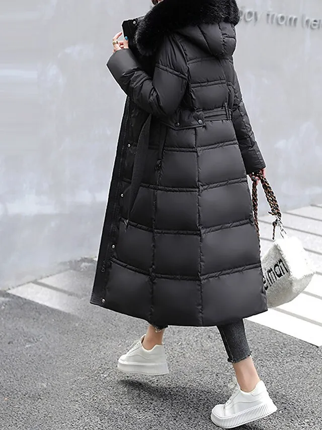 Women's Winter Coat Long Puffer Jacket Warm Parka with Removable Faux Fur Collar Windproof Jacket with Belt Zipper Heated Hoodie Jacket Outerwear Long Sleeve