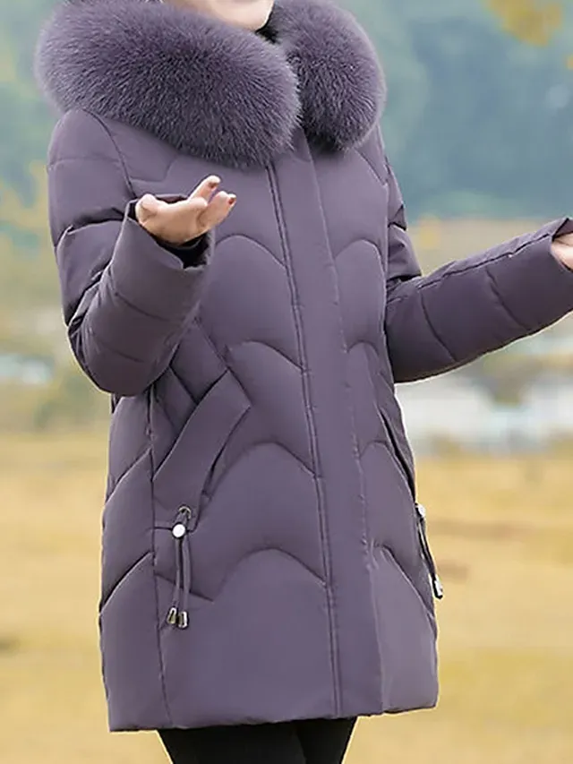 Women's Parka Warm Winter Coat Zipper Puffer Jacket with Removable Fur Collar Zipper Hoodie Heated Jacket Fashion Modern Casual Street Style Outerwear Long Sleeve Fall