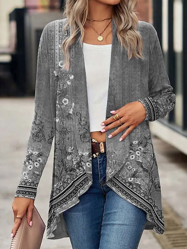 Women's Casual Jacket Outdoor Oversized Floral Print Breathable Loose Fit Outerwear Long Sleeve Spring Fall White Daily Street Vacation
