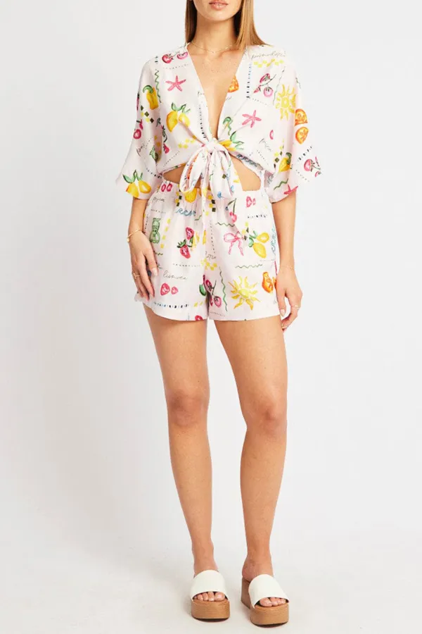 Pink Abstract Tie Up Bolero Short Sleeve