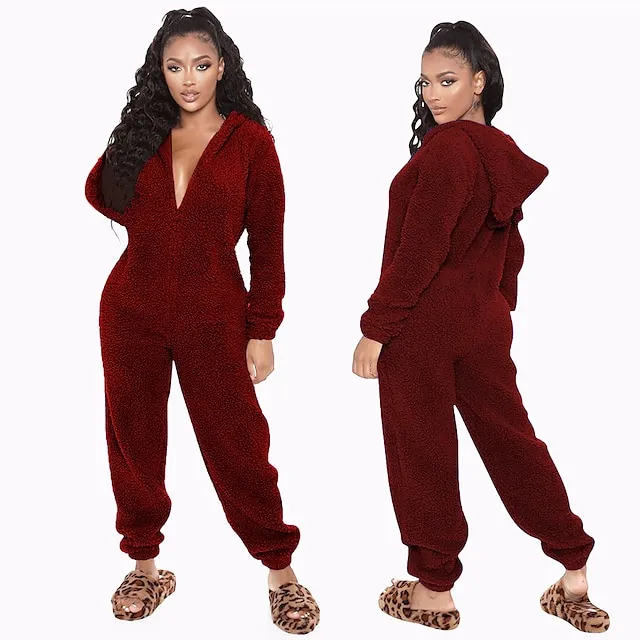 Women's Flannel Adult Onesies Onesie Pajamass Pajama for Adult Jumpsuits Nighty Pure Color Simple Comfort Party Home Christmas  Warm Gift Hoodie Long Sleeve Fall Winter Black