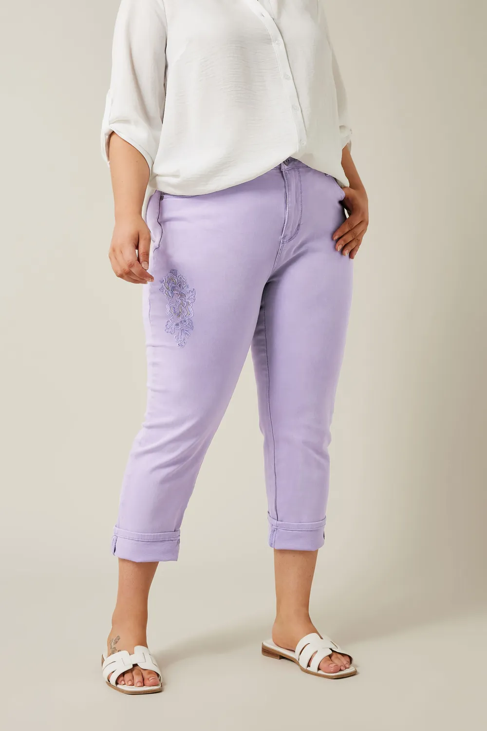 Evans Purple Embroidered Turn Up Denim Jean