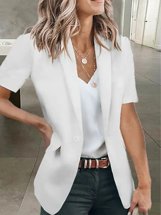 Women's Blazer Clean Fit Formal Office Work Summer Spring Regular Coat Regular Fit Breathable Simple Classic Style Modern Style Jacket Short Sleeves Solid Color Pure Color Slim Fit Black White Red