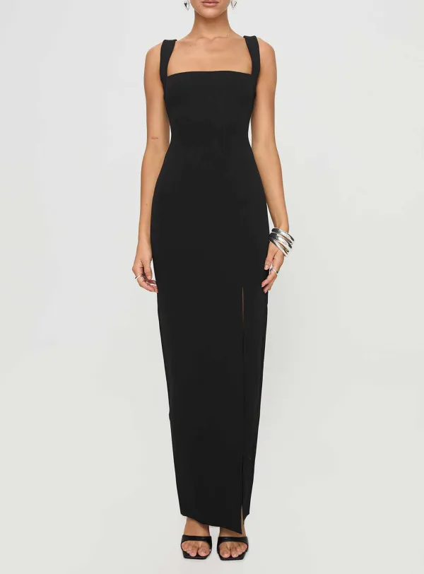Black Square Neck Side Split Maxi Dress