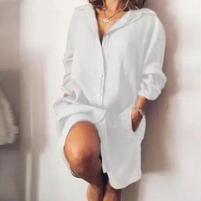Women's Shirt Dress Casual Dress Cotton Linen Dress Midi Dress Cotton Blend Simple Basic Home Street Daily Shirt Collar Pocket Long Sleeve Summer Spring Fall 2023 Loose Fit Black White Yellow Pure