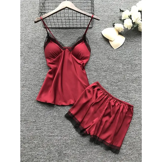 Women's Lace Satin Silk Pajamas Sets 4 Pcs Home Party Daily St.Patrick's Day Elastic Waist Pure Color Satin Simple Casual Soft Strap Top Shorts Fall Winter Spring Strap Short Sleeves Long Sleeve