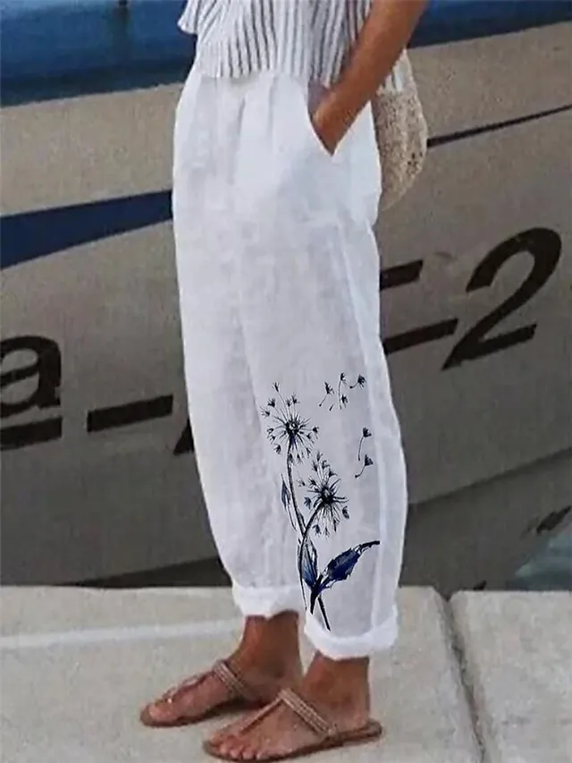 Women's Linen Pants Pants Trousers Baggy Full Length Faux Linen Side Pockets Baggy Fashion Casual Daily White Red S M