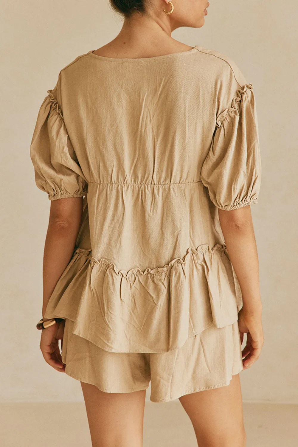 Ruffled V Neck Short Sleeve Top