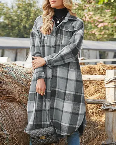 Casual Plaid Lapel Trench Coat