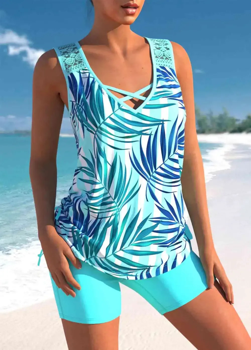 Cyan Tropical Print Lace Stitching Tankini Set