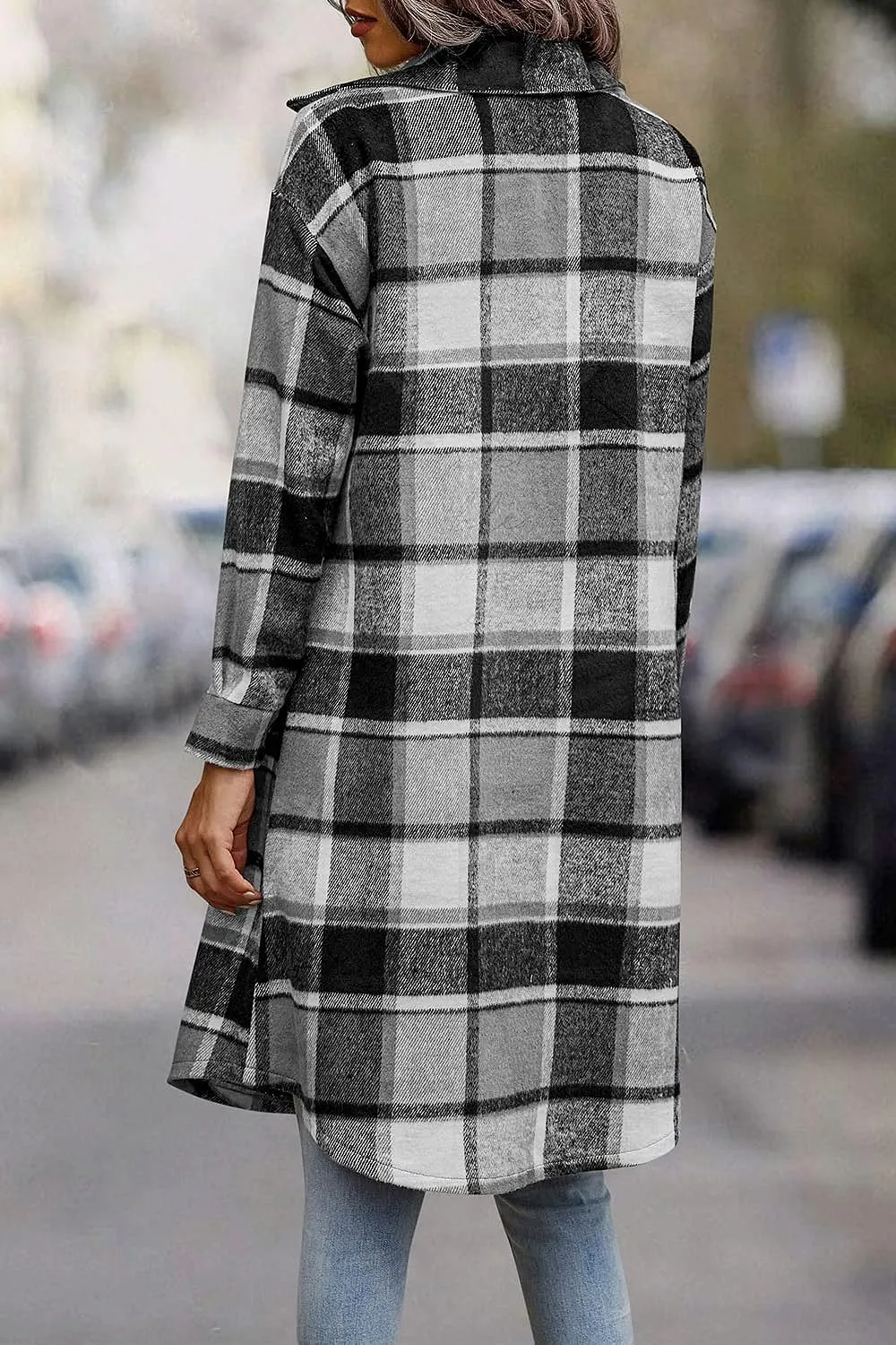 Women's Plaid Shacket 2023 Long Sleeve Button Up Flannel Shirt Winter Tartan Jacket Woolen Coats