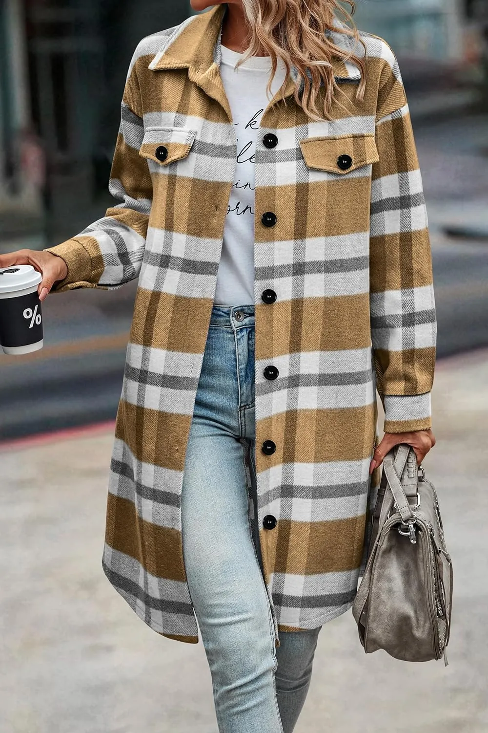 Women's Plaid Shacket 2023 Long Sleeve Button Up Flannel Shirt Winter Tartan Jacket Woolen Coats