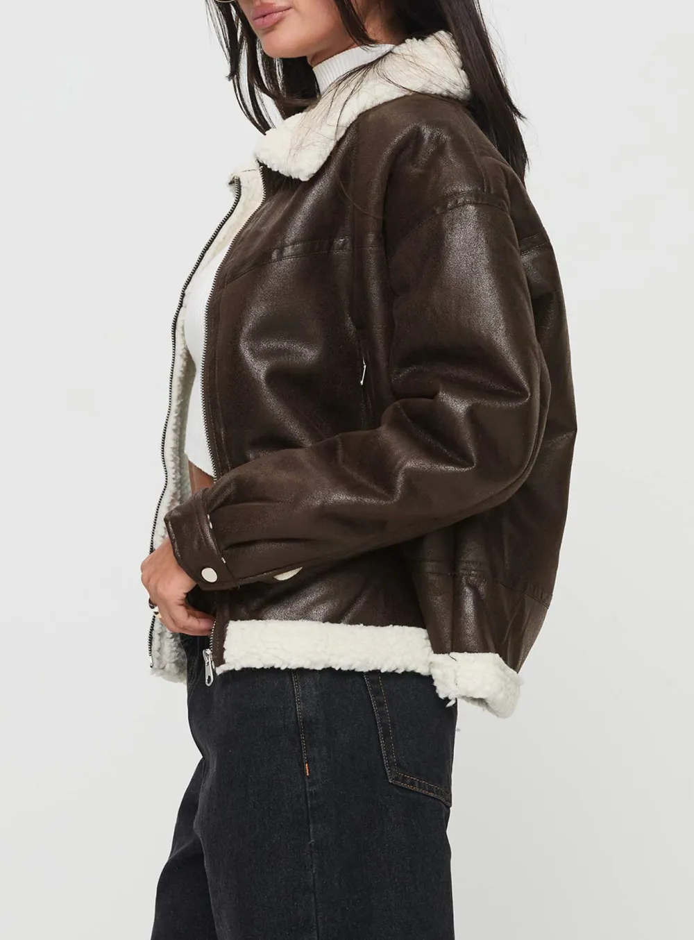 Brown Faux Leather Shearling Collar Jacket