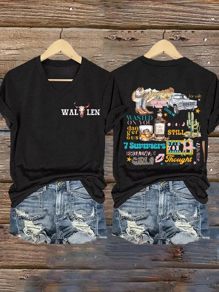 Wallen Double-Sided Printed V-Neck Short-Sleeved T-Shirt