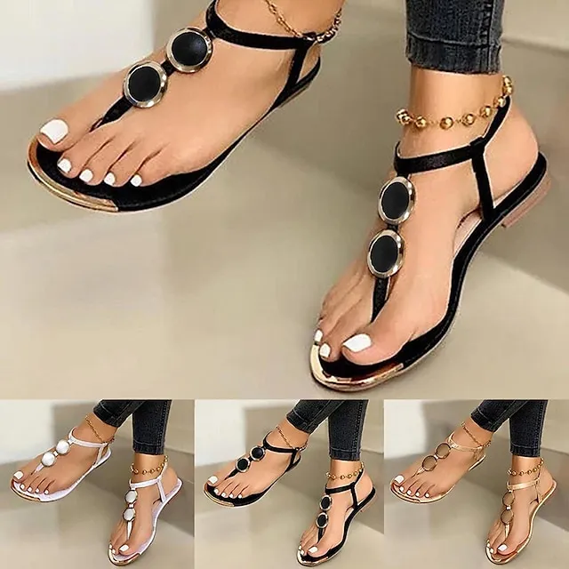 Women's Sandals Boho Bohemia Beach Flat Sandals Barefoot Sandals Daily Beach Summer Buckle Flat Heel Round Toe Open Toe Vintage Classic Casual Faux Leather T-Strap Solid Colored Black White Gold
