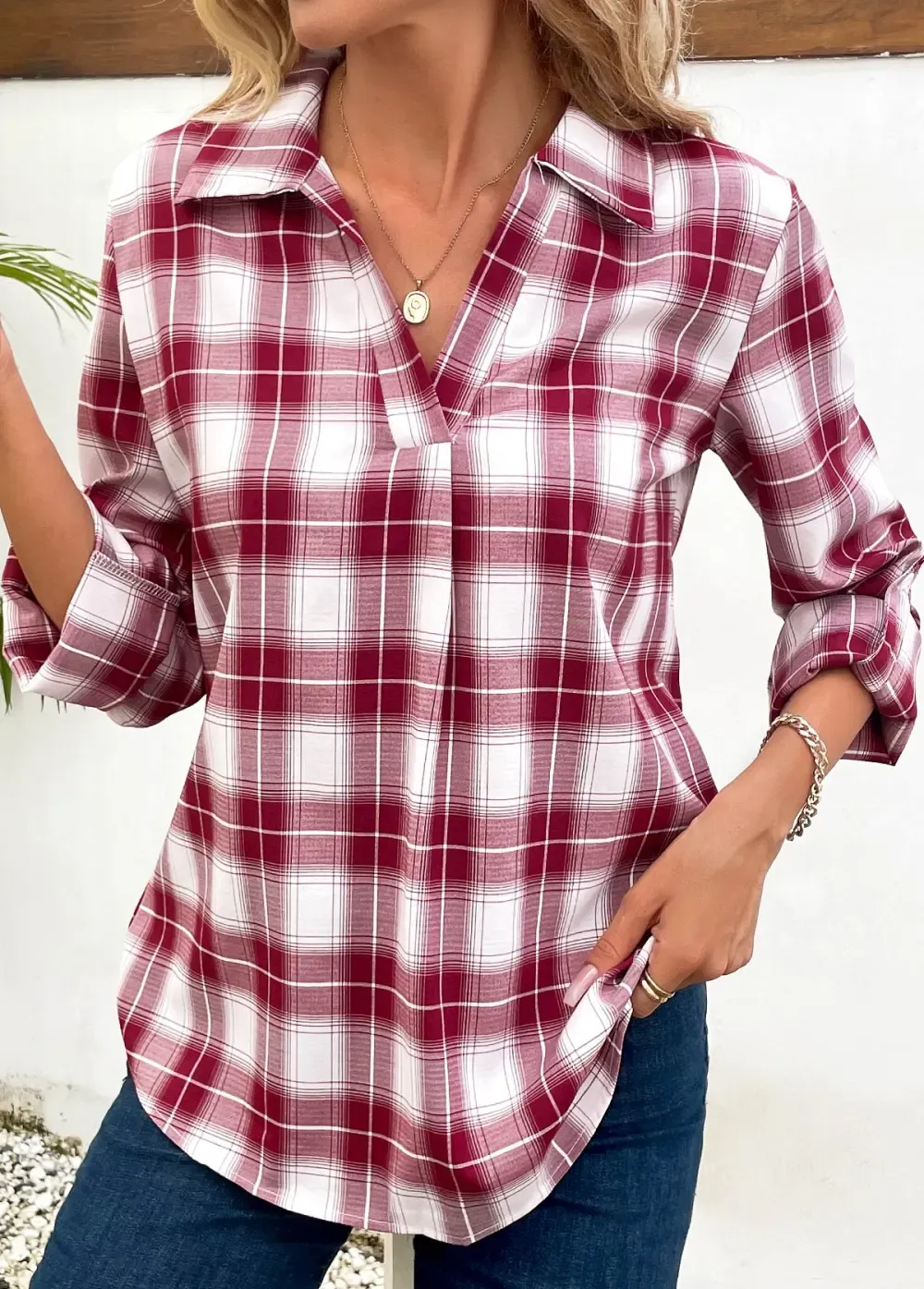 Wine Red Split Plaid Long Sleeve Blouse