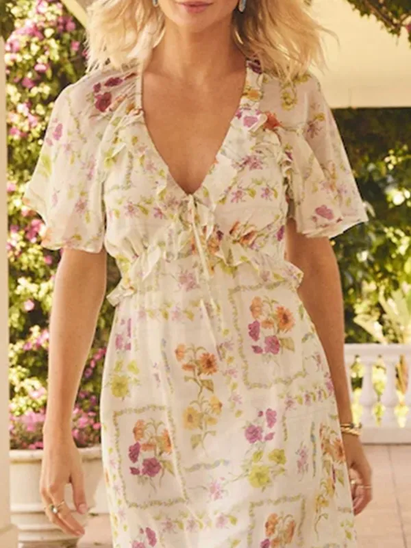 Elegant Chiffon Floral Printed V-Neck Dress
