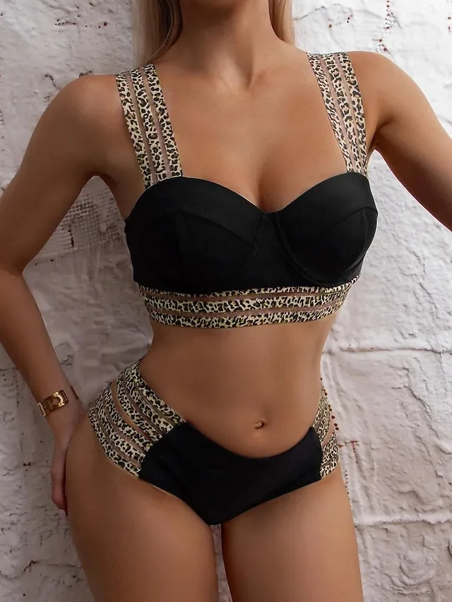 Women's Swimwear Bikini 2 Piece Normal Swimsuit 2 Piece Printing Leopard Black Bathing Suits Sports Beach Wear Holiday