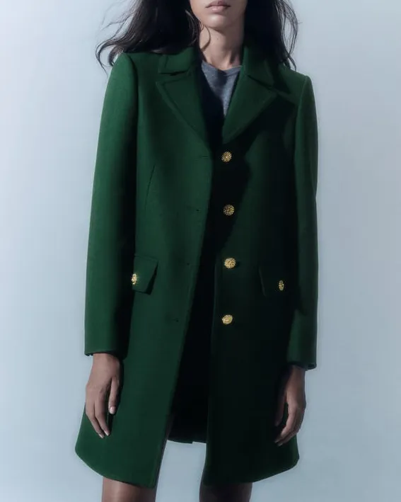 Front Buttons Lapel Coat in Green