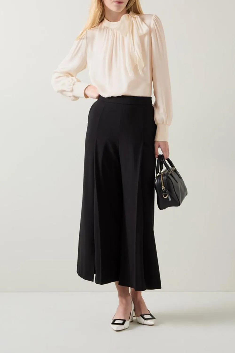 Cream Tie Neck Long Sleeve Blouse