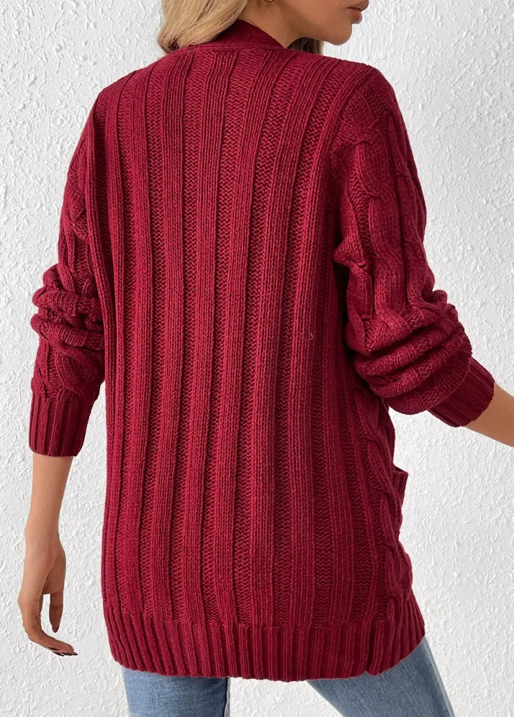 Wine Red Button Long Sleeve V Neck Cardigan